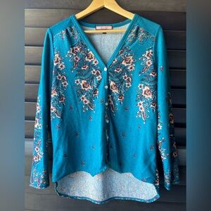 Olive Hill Teal Floral Large Cardigan V Neck